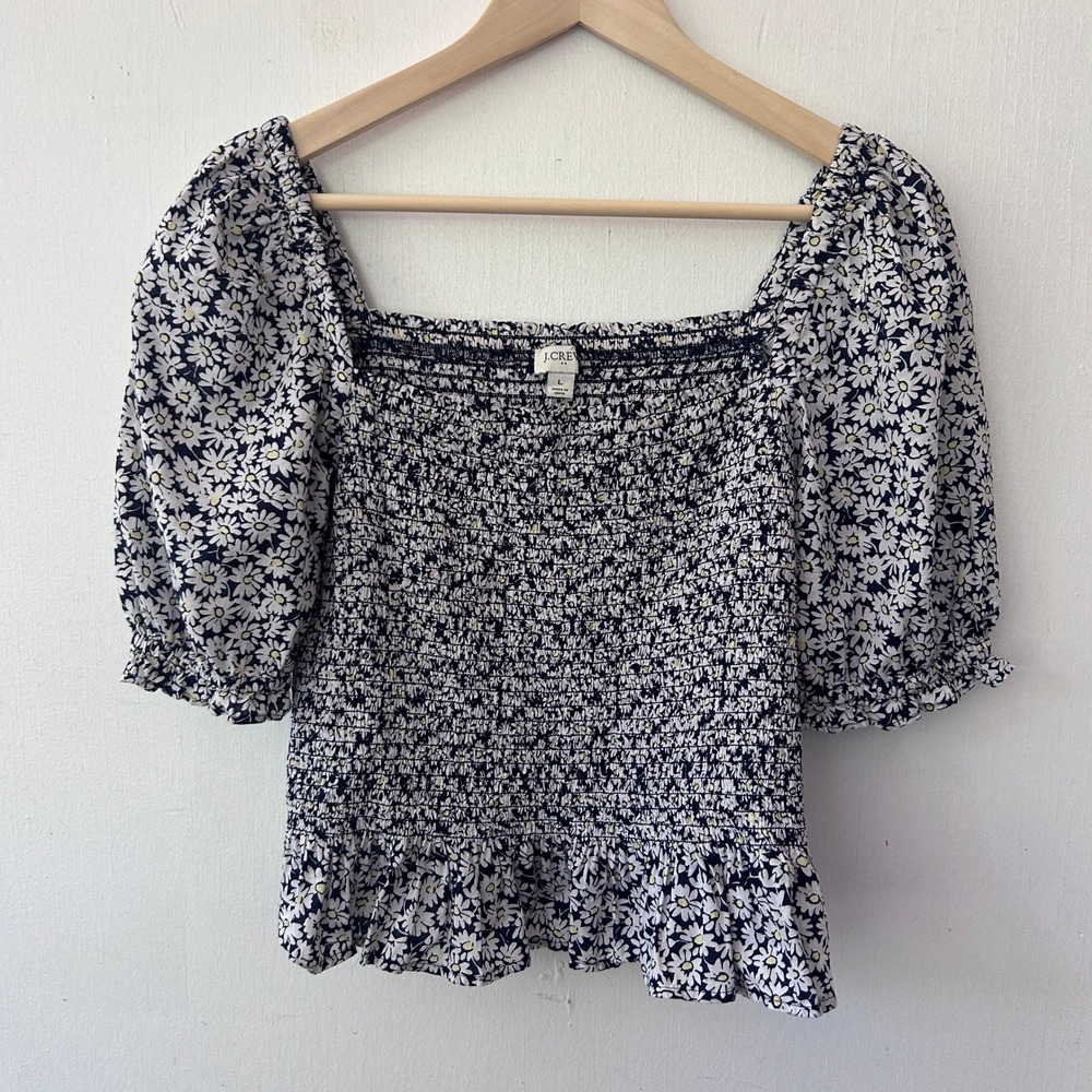 J.Crew Smocked Top Women L Blue Daisy Floral Puff Sleeve Cottagecore Coquette